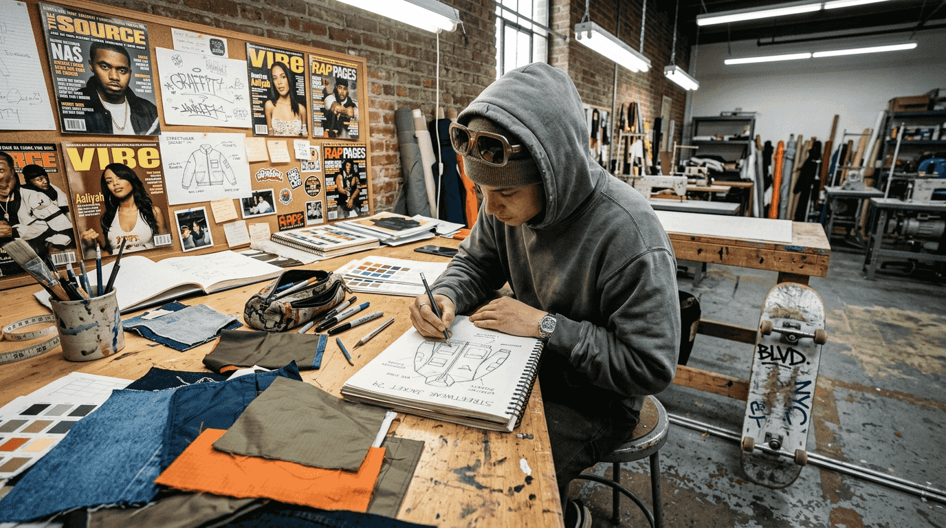 Streetwear designer sketching jacket ideas