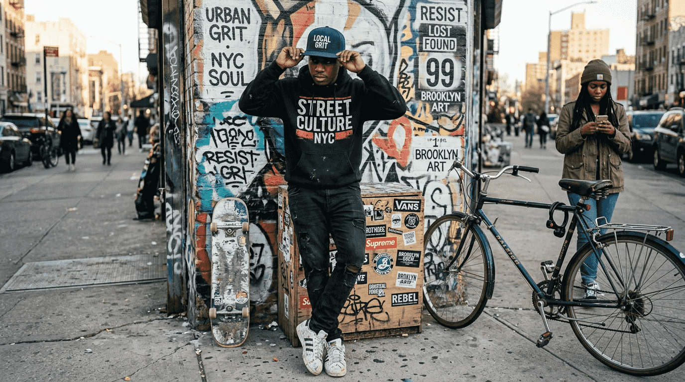 Man in streetwear by urban graffiti wall