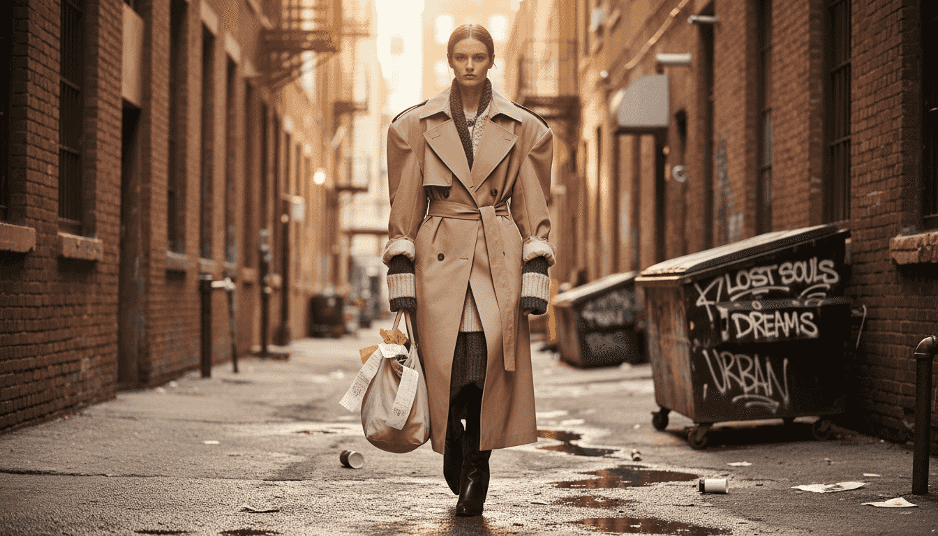 Model wearing oversized coat in city alley