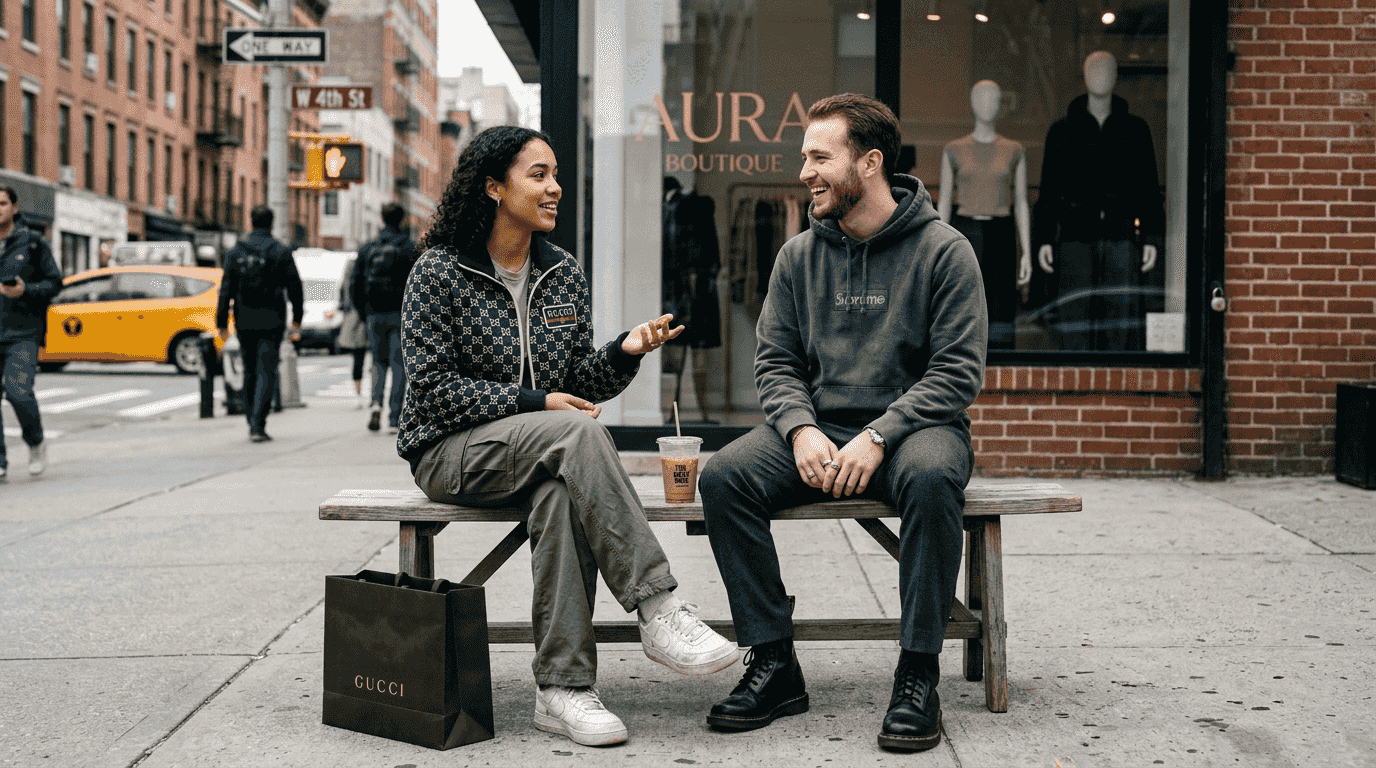 Friends mixing luxury and streetwear fashion