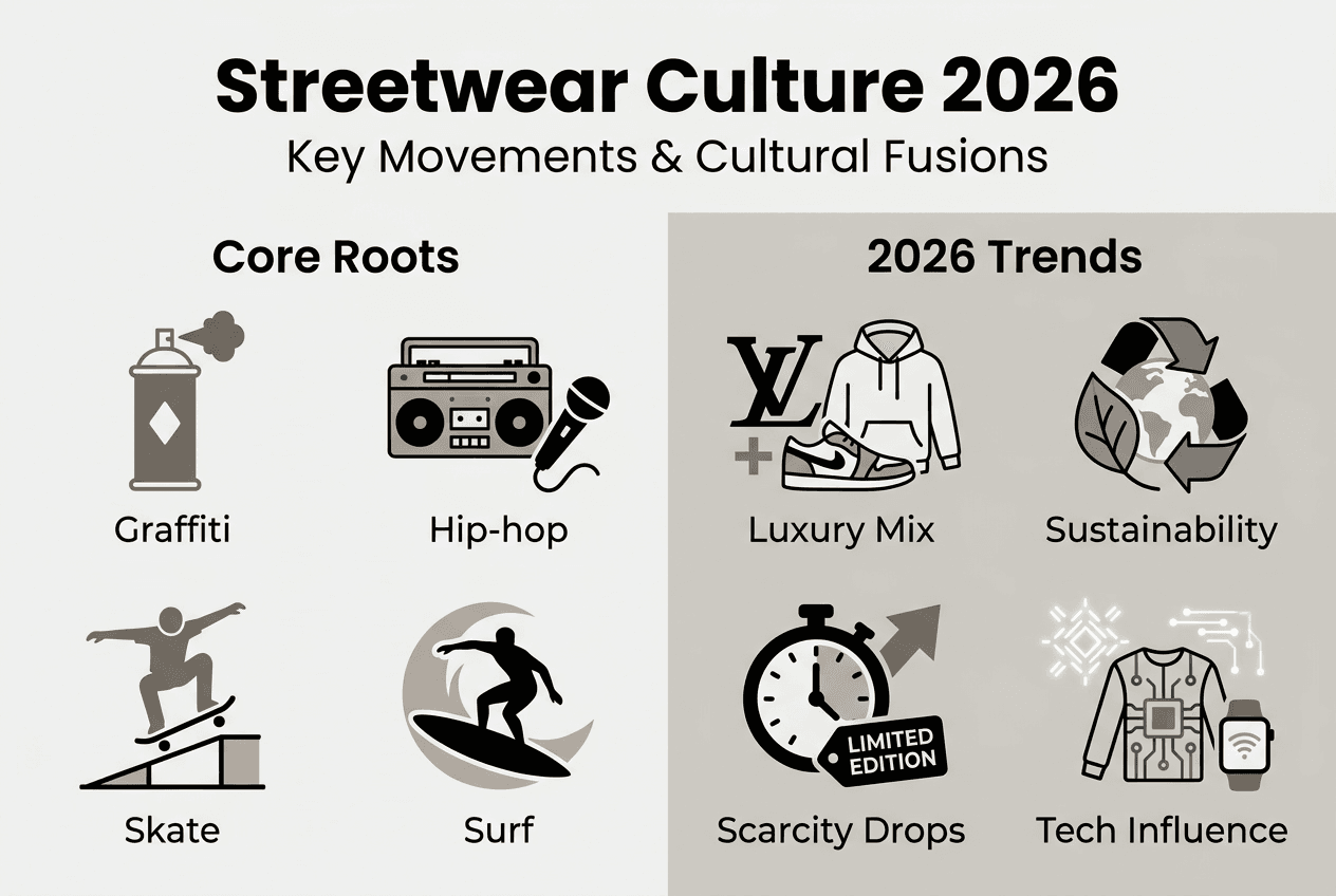Infographic showing streetwear roots and 2026 trends