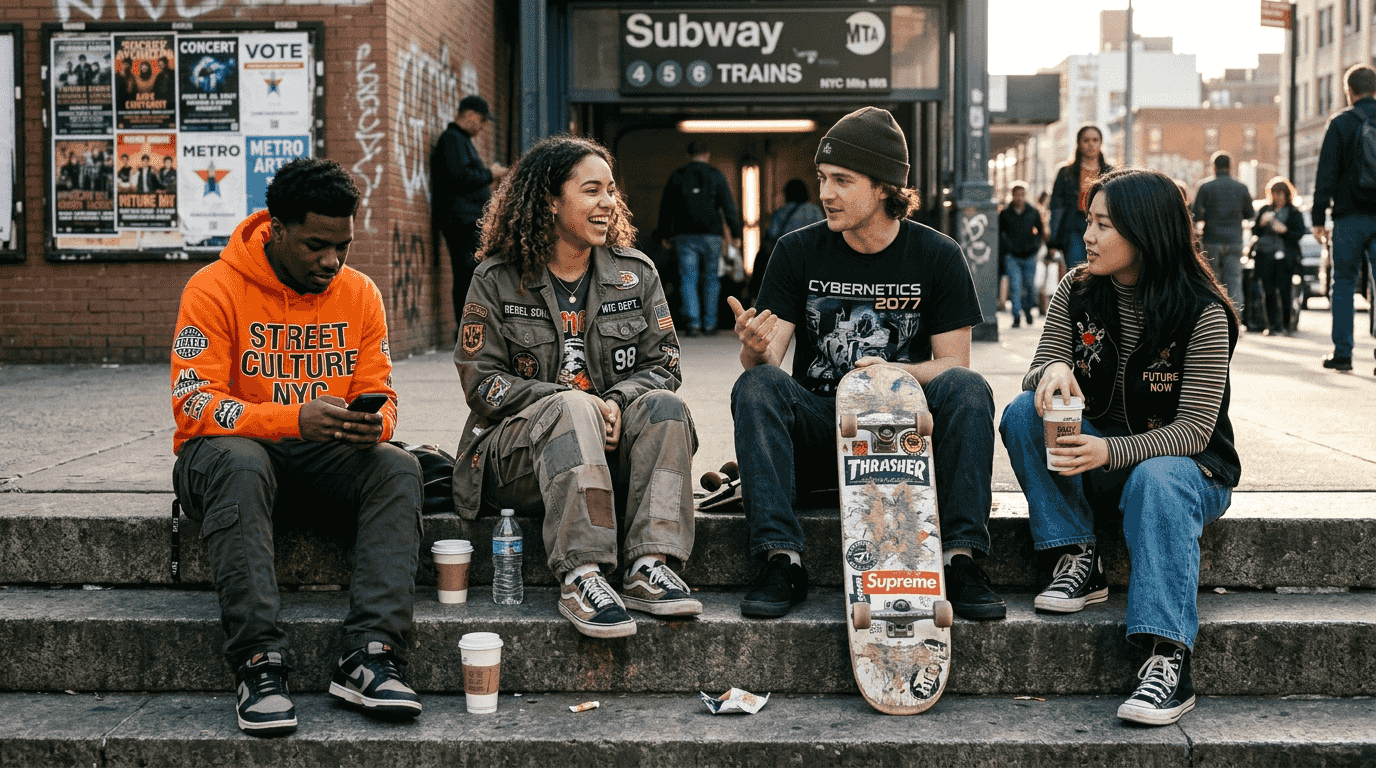 Friends in graphic-heavy streetwear hanging out