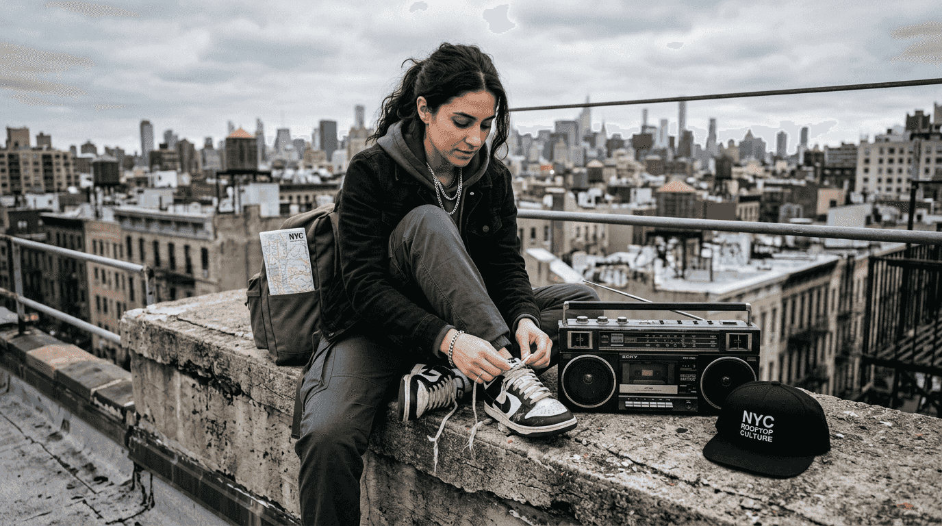 Woman coordinating streetwear accessories colors