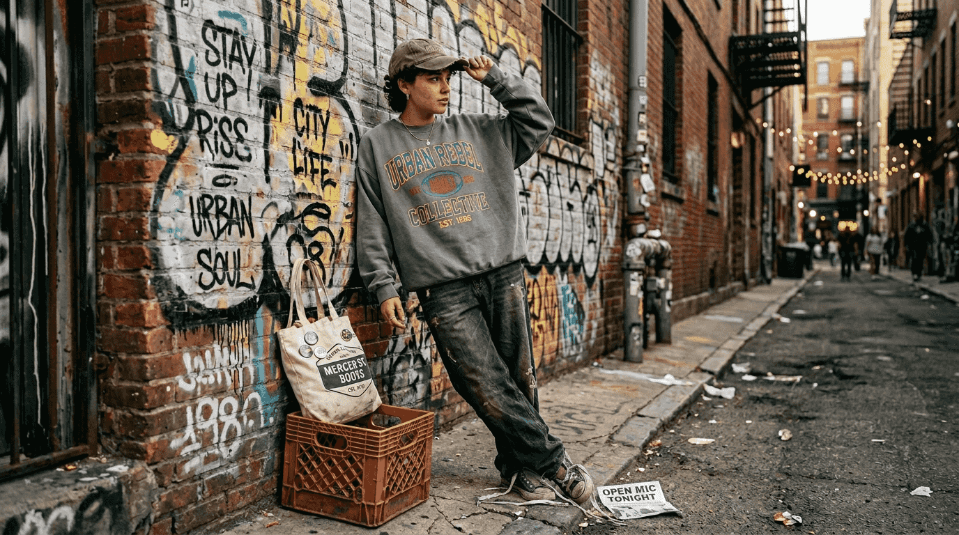 Person in oversized streetwear by graffitied wall
