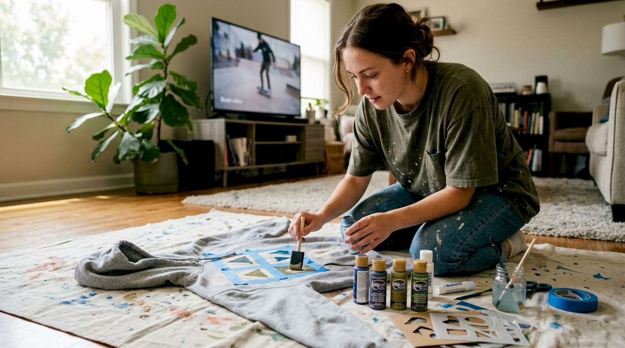 Woman using fabric paint to customize hoodie