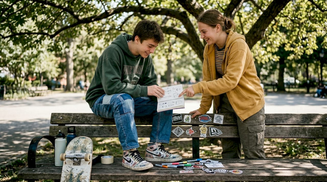 Teenagers sharing streetwear stickers at park bench