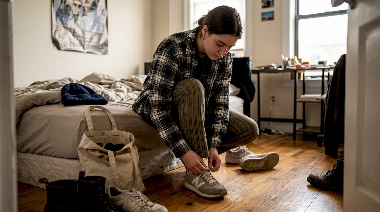Person pairing plaid and stripes streetwear in bedroom