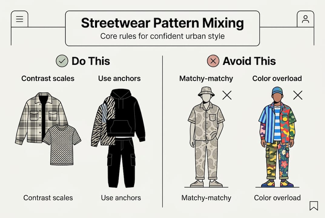 Infographic showing streetwear pattern mixing dos and don'ts