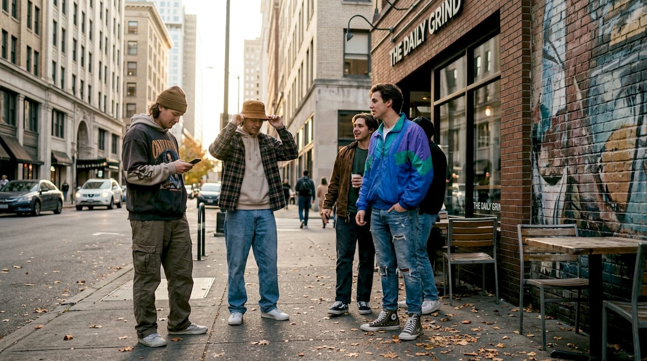 Urban youth in diverse streetwear on sidewalk