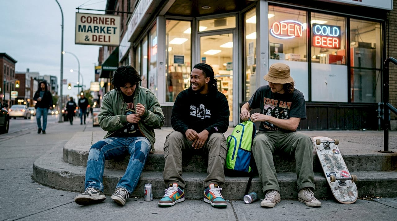Group of friends in unique streetwear talking