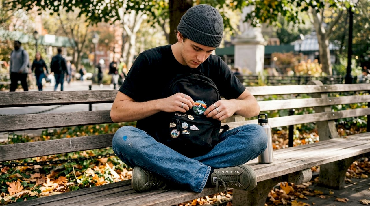 Man customizing backpack with pins and patches