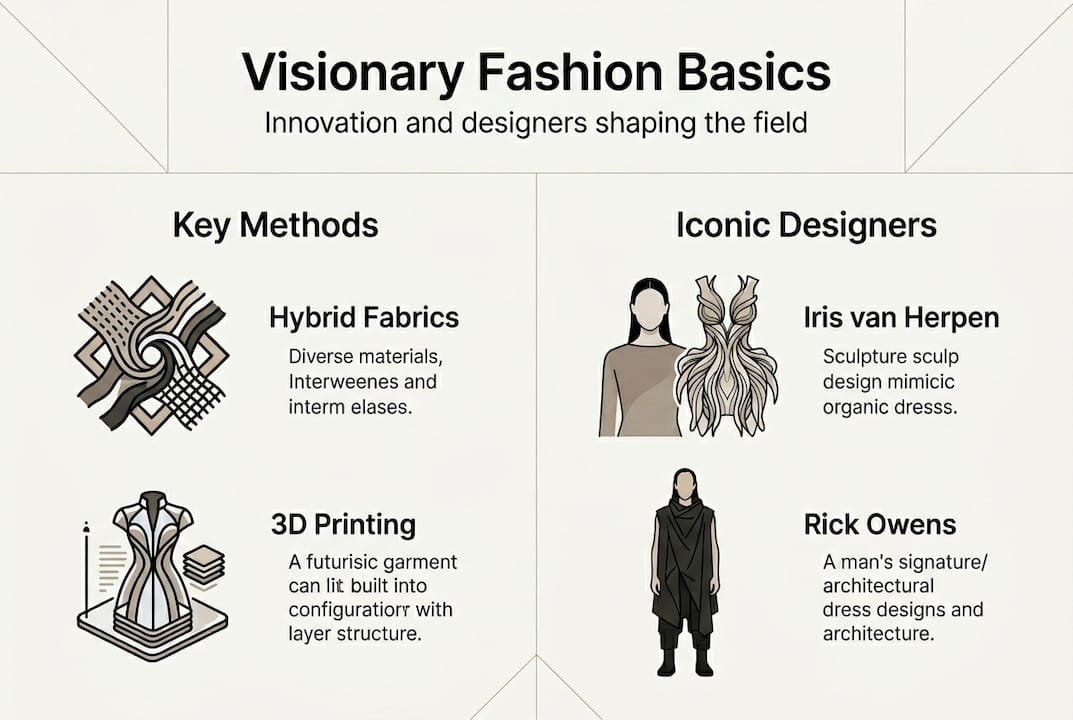 Infographic showing visionary fashion methods and designers