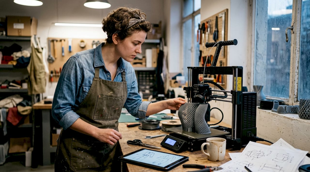 Craftsperson inspecting 3D printed garment piece