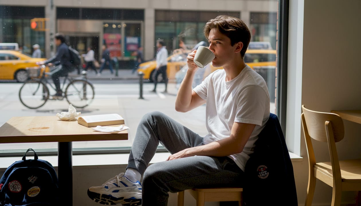 Student in gym-to-street outfit at café window