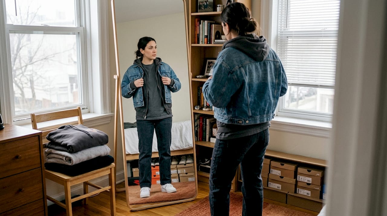 Woman fit-checking streetwear layers in bedroom