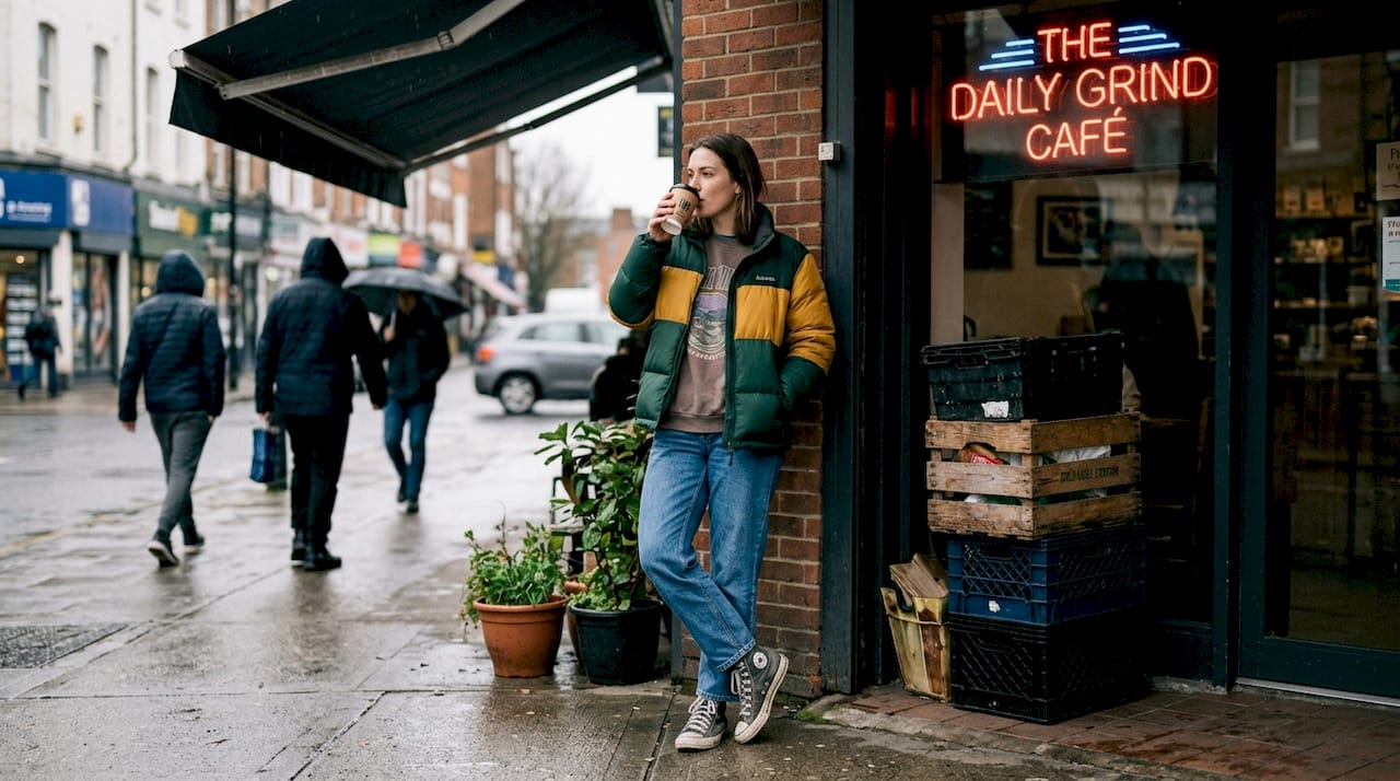 Woman standing outside café in puffer jacket