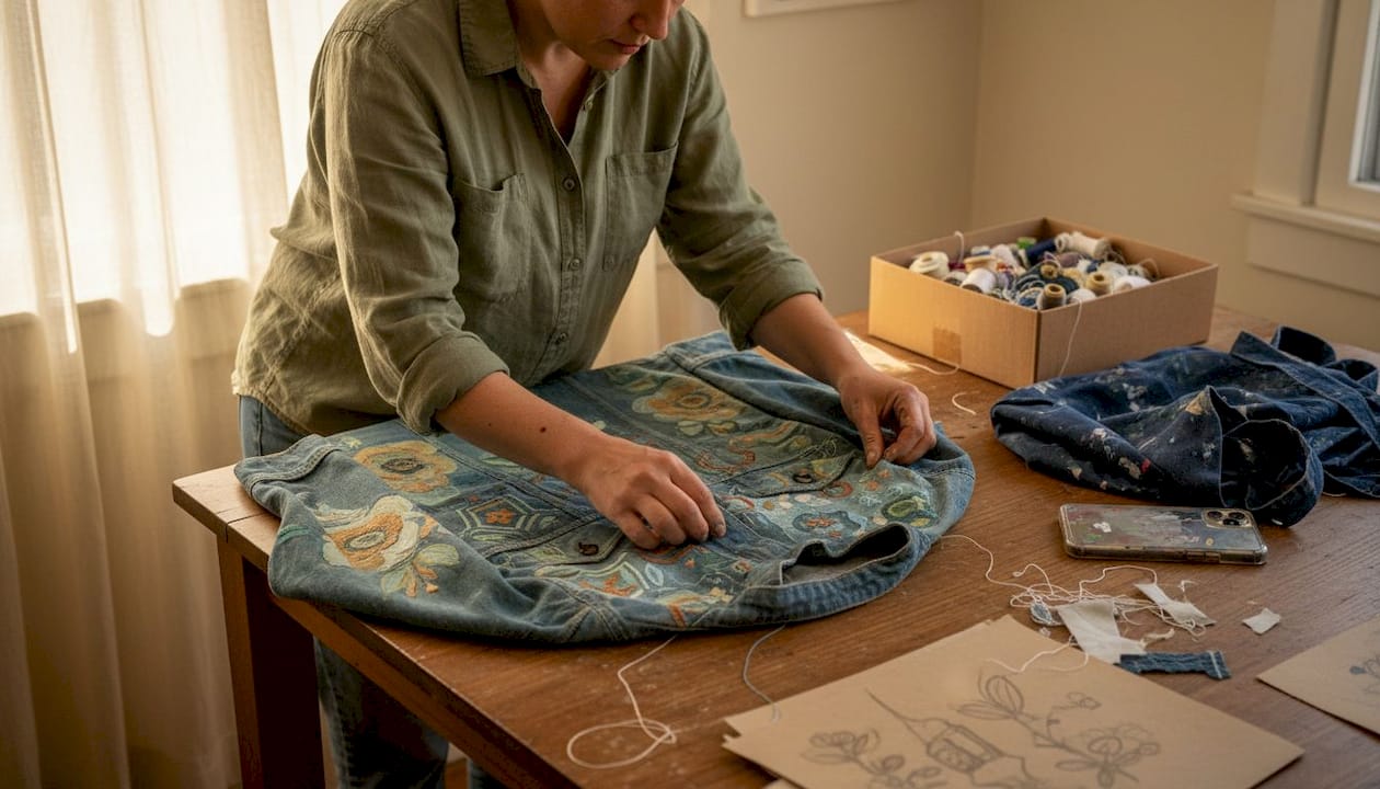 Artist examining hand-painted wearable jacket