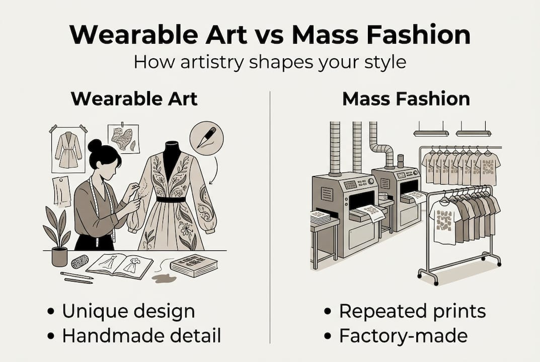 Infographic contrasting wearable art and mass fashion