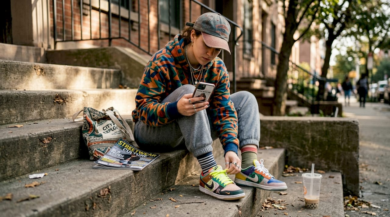 Woman styling streetwear on urban steps
