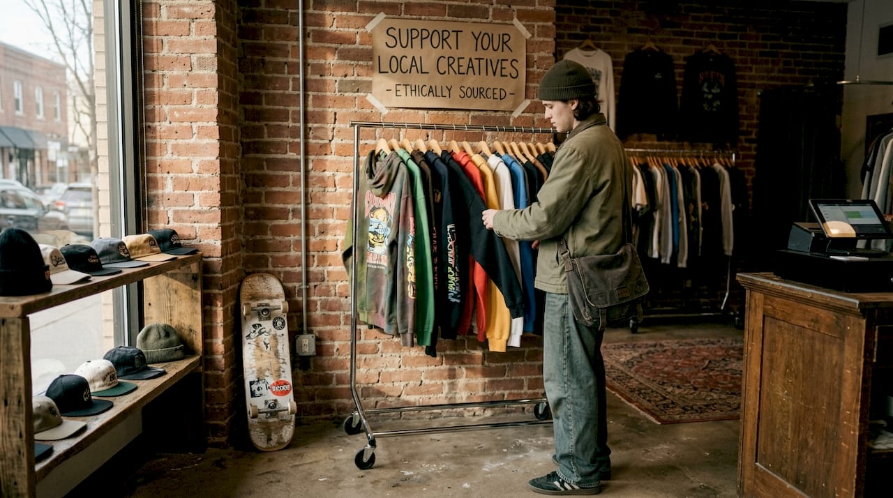 Shopper browsing streetwear in small urban boutique