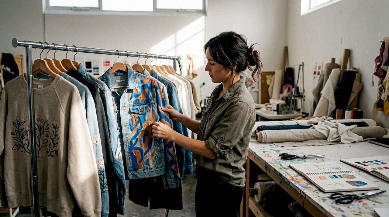 Designer arranging hand-painted streetwear pieces