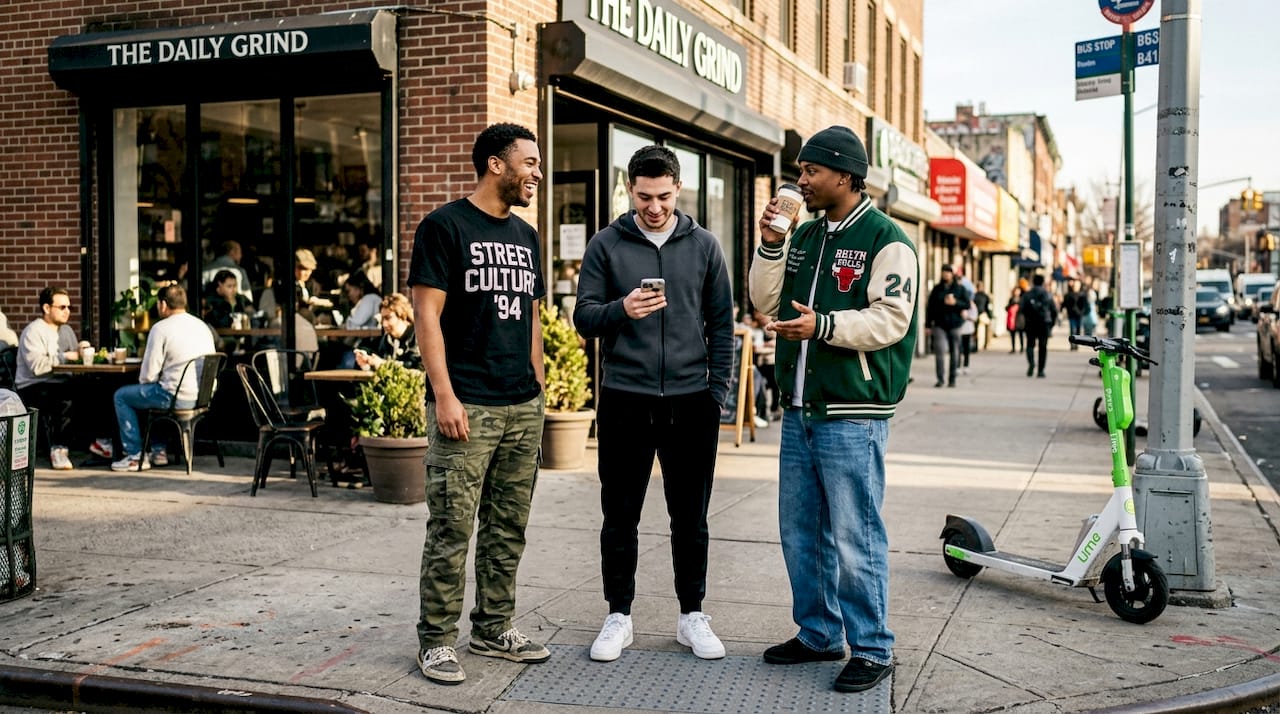 Group in streetwear outside coffee shop