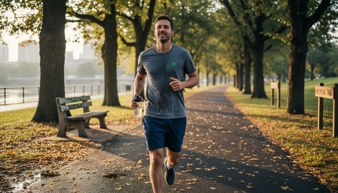 Jogger in odor-resistant athletic clothing outdoors