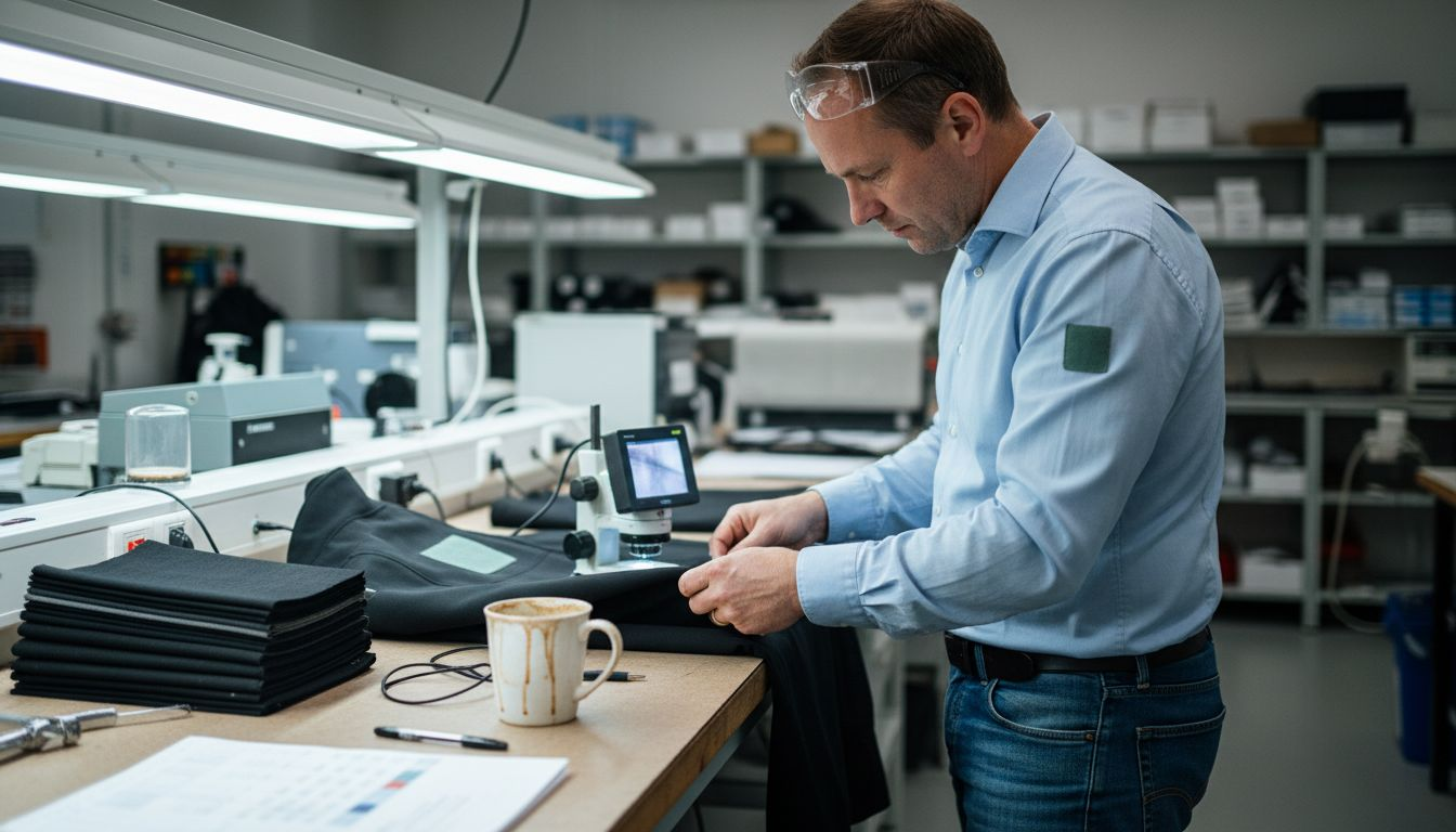 Engineer inspecting techwear jacket fabric sleeve