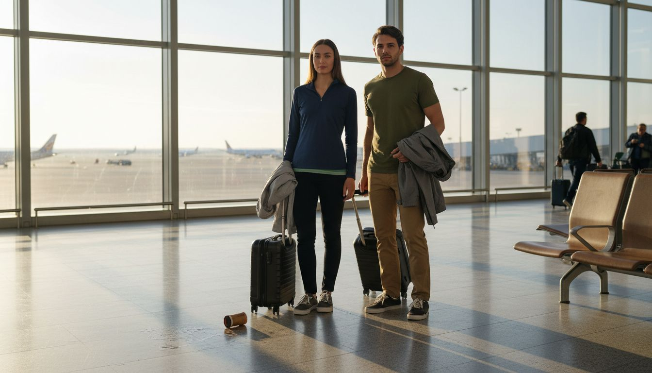 Travelers wearing stylish comfortable clothes at airport