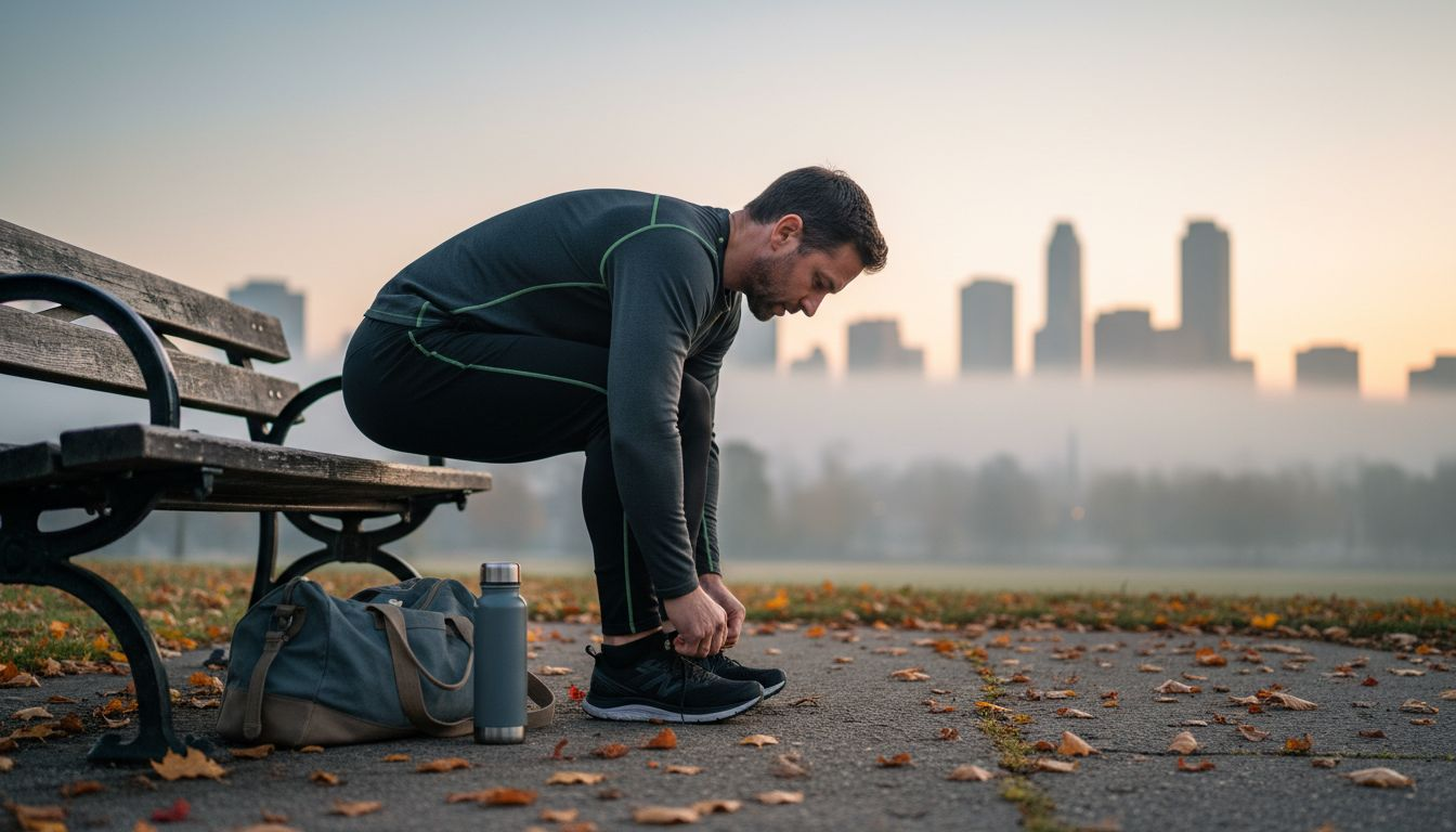 Man preparing in performance apparel on park bench