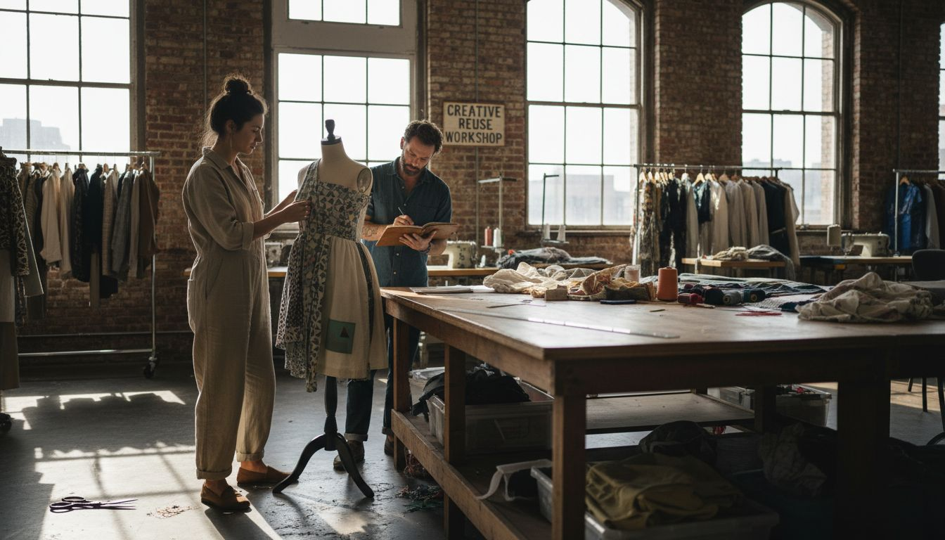 Designers with recycled fabrics in sunlit studio