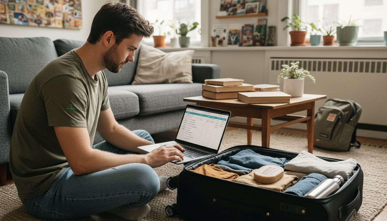 Traveler planning sustainable packing in apartment