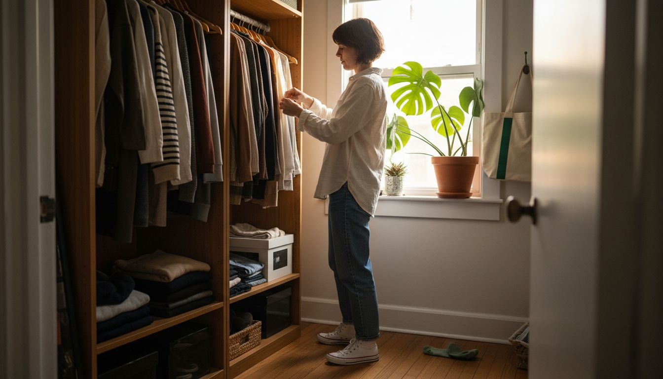 Woman dressing from organized sustainable wardrobe