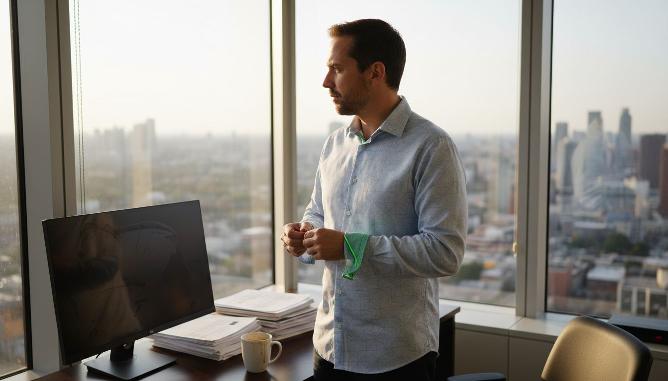 Professional adjusting high-tech shirt in office