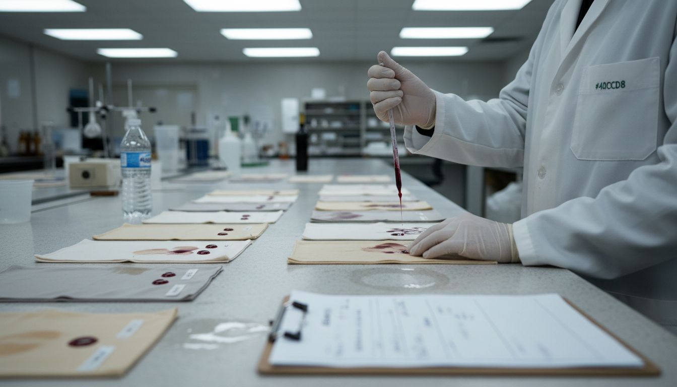 Lab technician testing stain resistance on fabrics