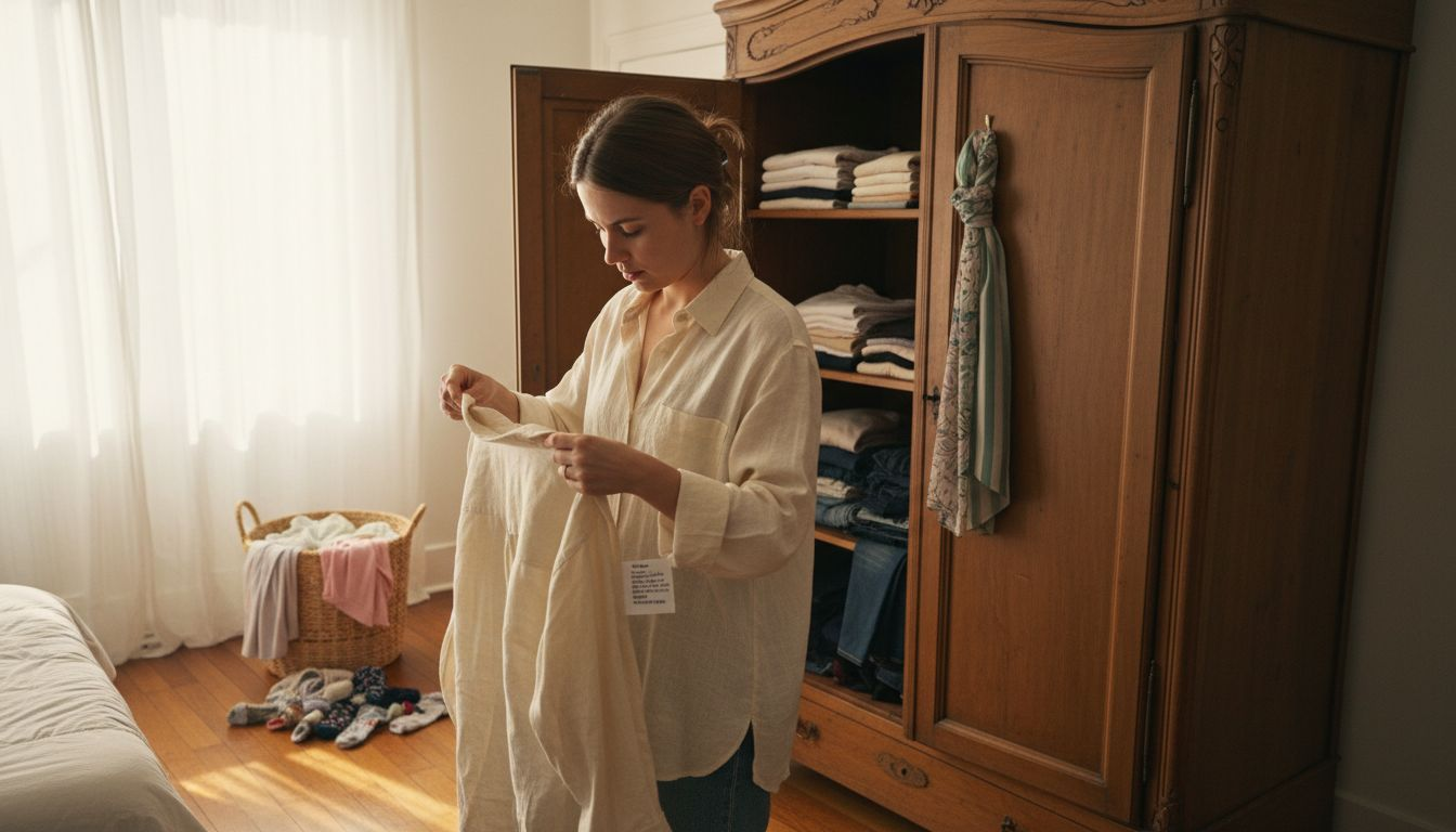 Woman reading clothing care label