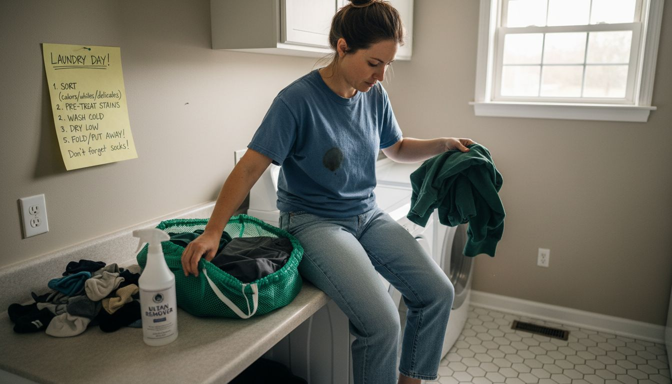 Sorting stain-resistant clothing in laundry room