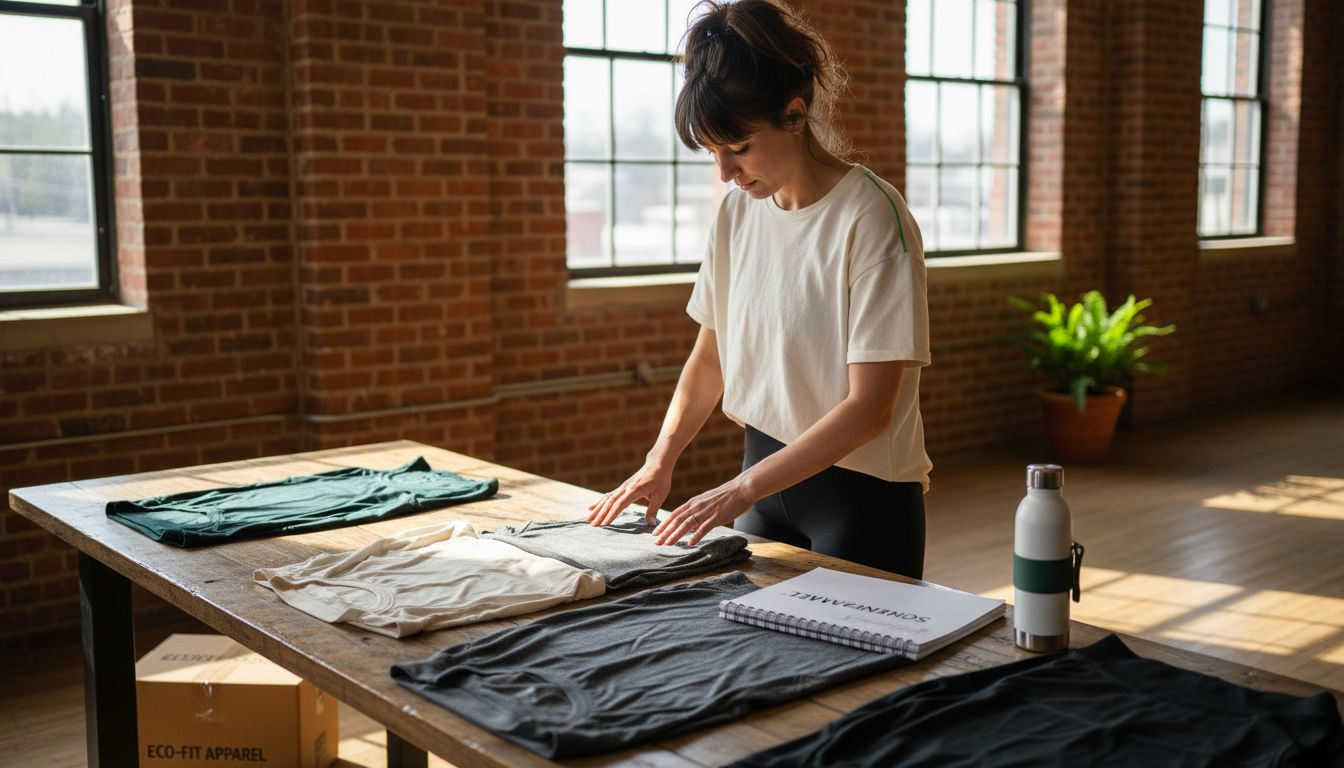 Woman examining sustainable activewear in sunny studio