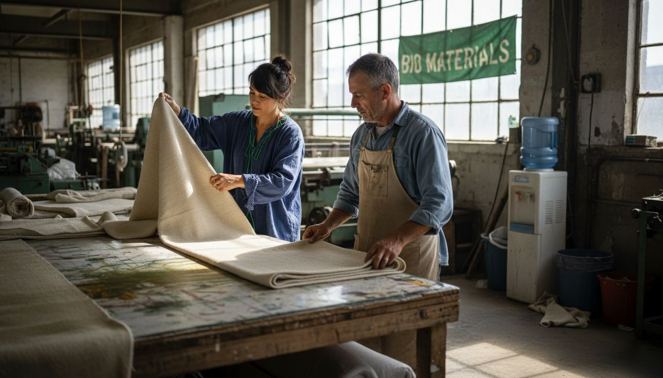 Workers sorting plant-based menswear fabric