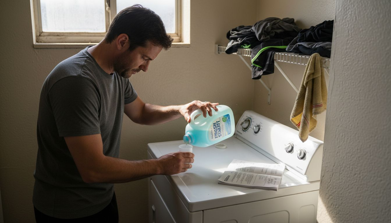 Man measuring detergent for technical clothing wash