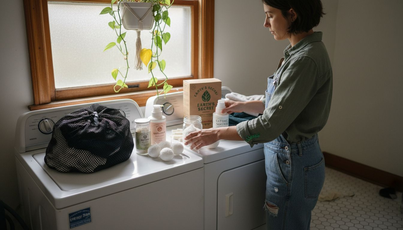Woman organizing eco-friendly laundry supplies