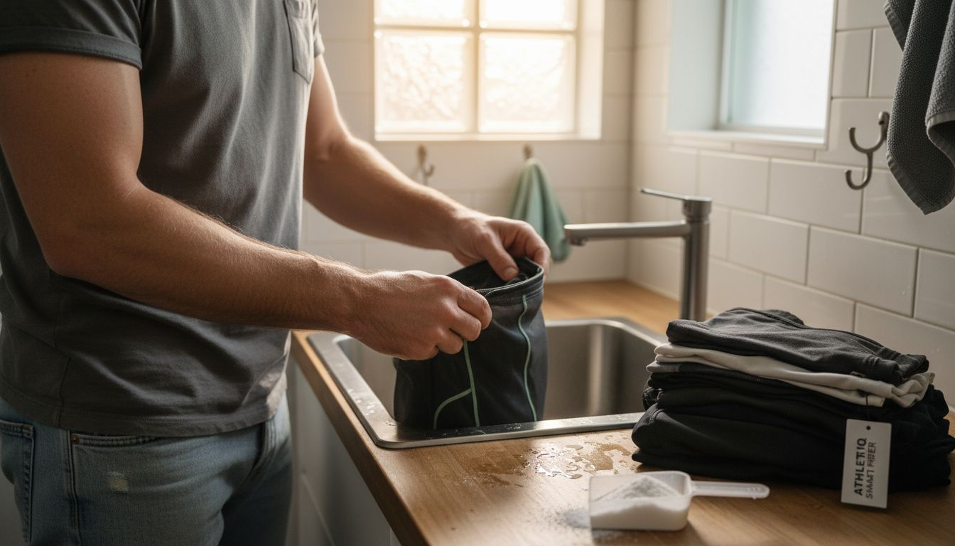 Man placing delicate shirt in mesh bag