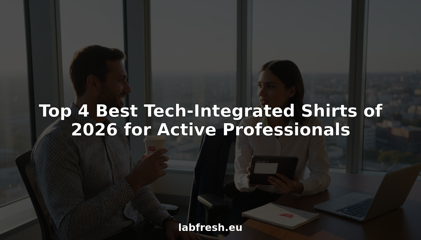 Two professionals in a city office wear tech-enhanced shirts