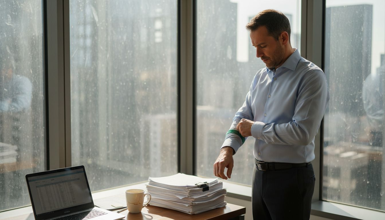 Professional adjusts easy-care shirt in office