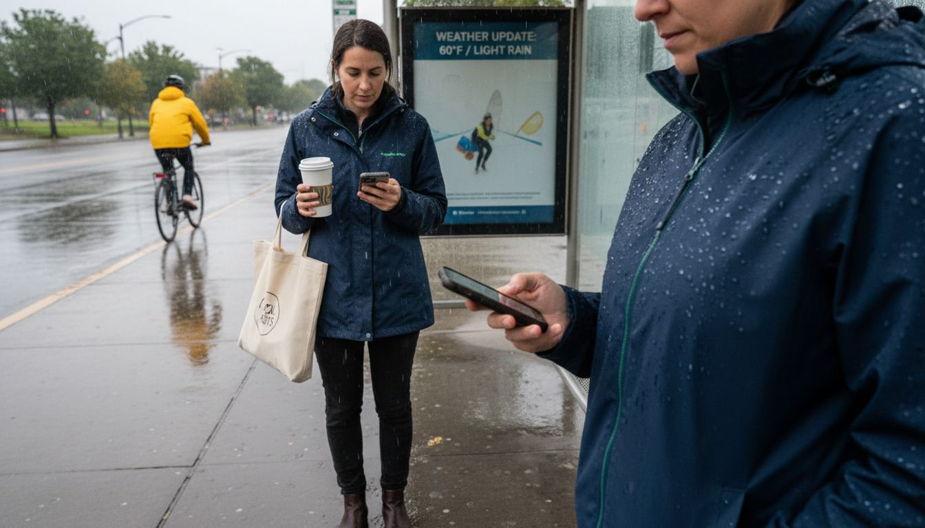 Urban commuter in rain wears water-repellent jacket