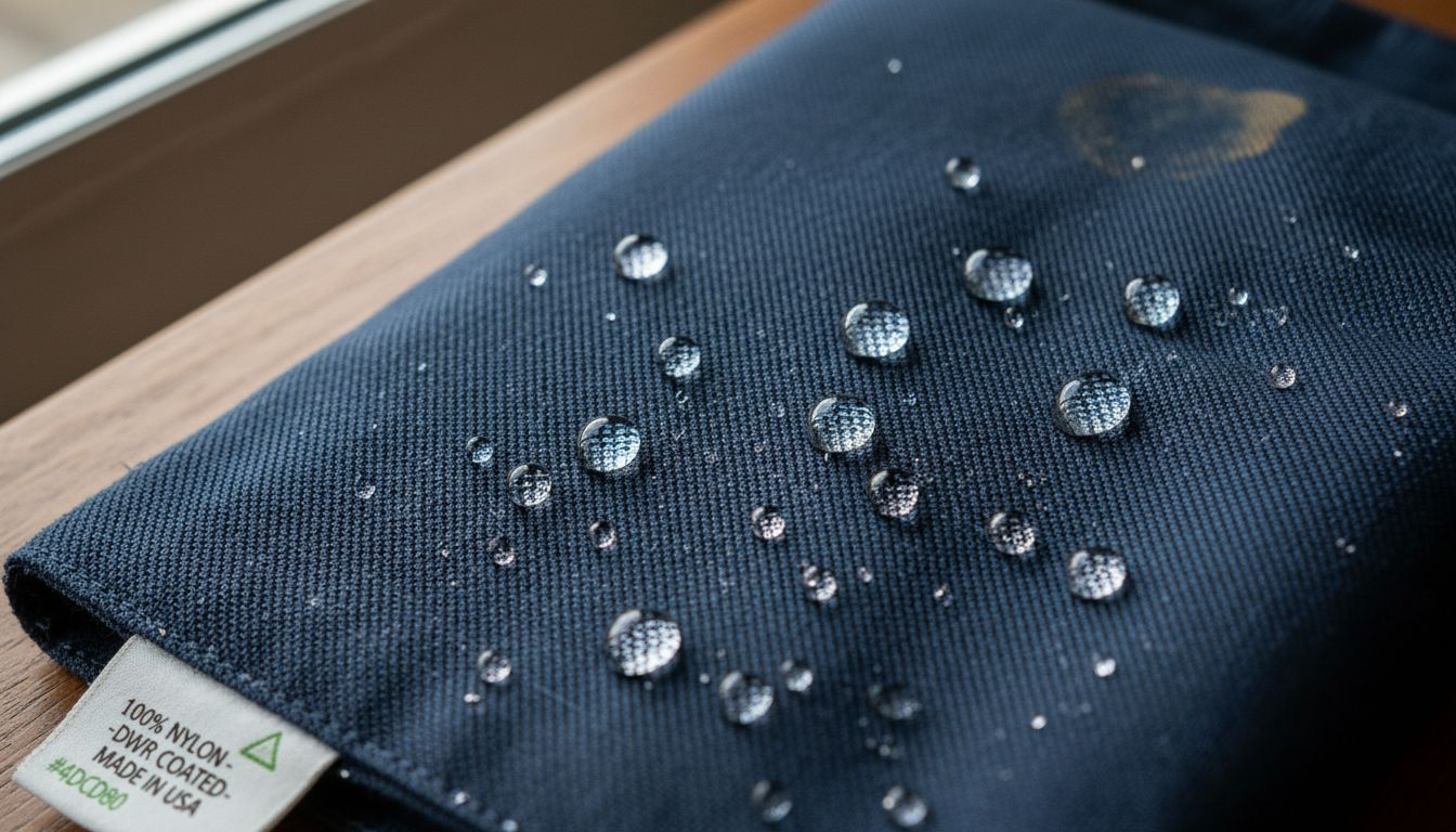 Water droplets beading on treated fabric close-up