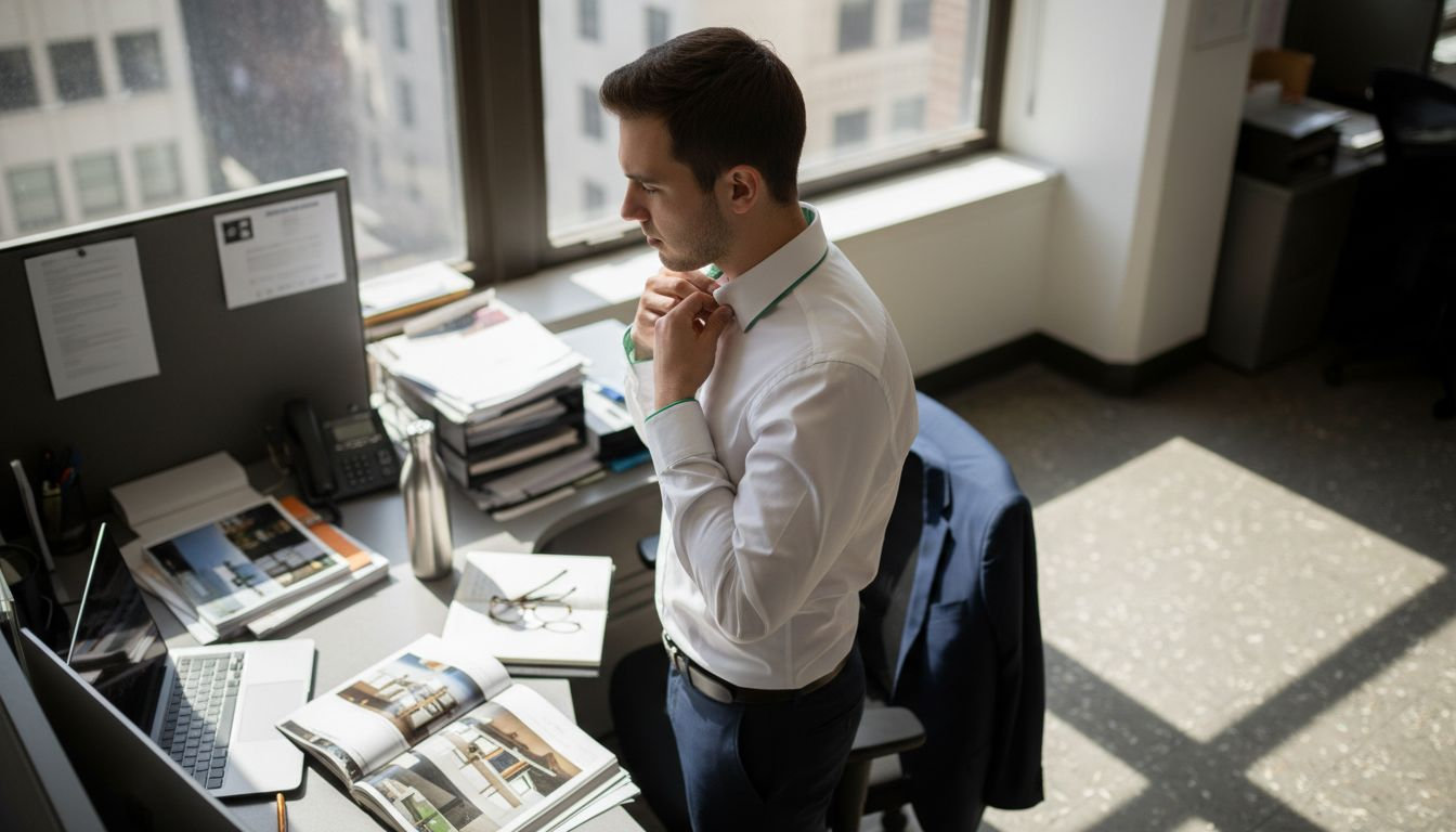 Professional in easy-care shirt in bright office