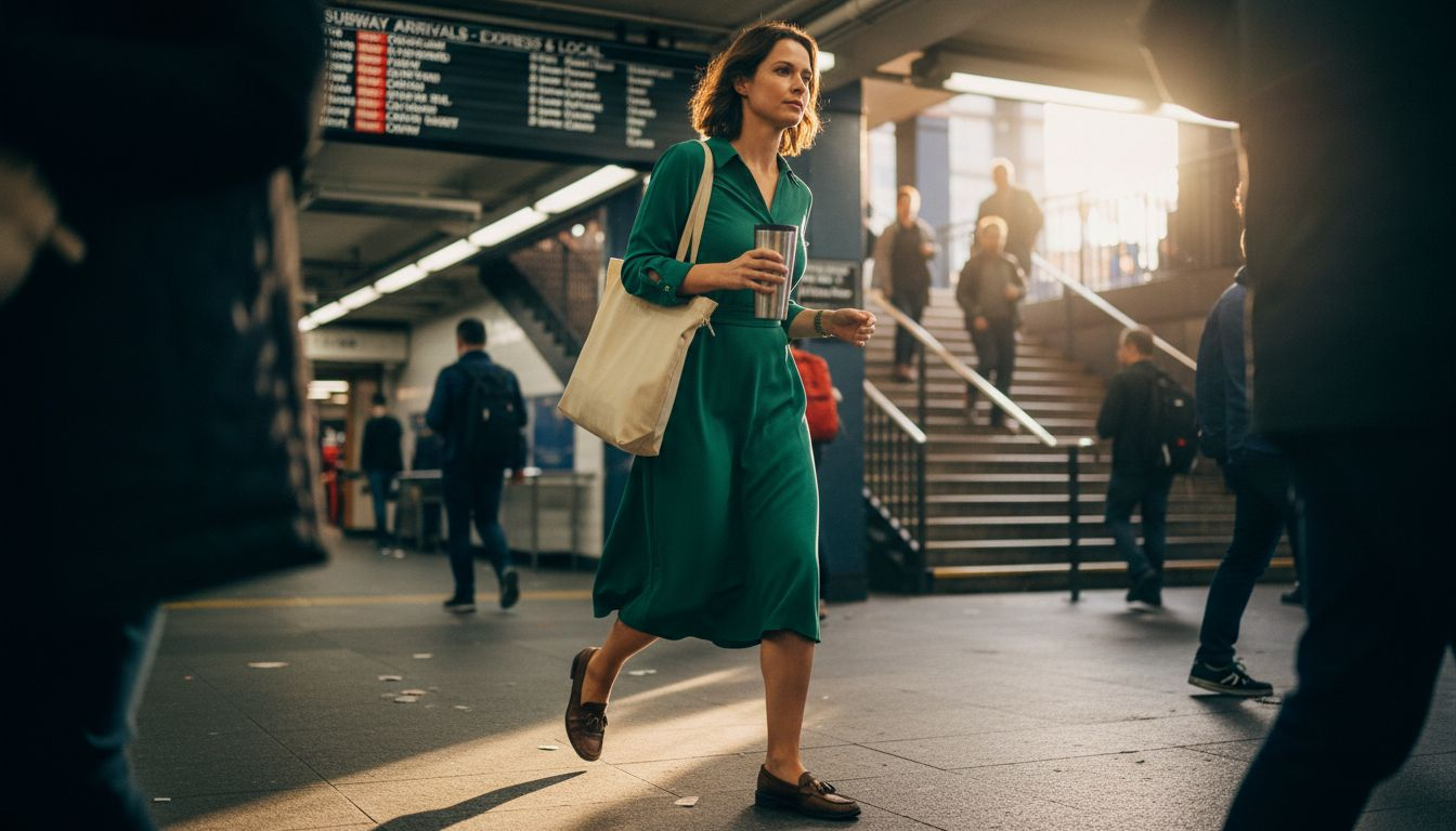 Woman in wrinkle-free dress commuting by subway