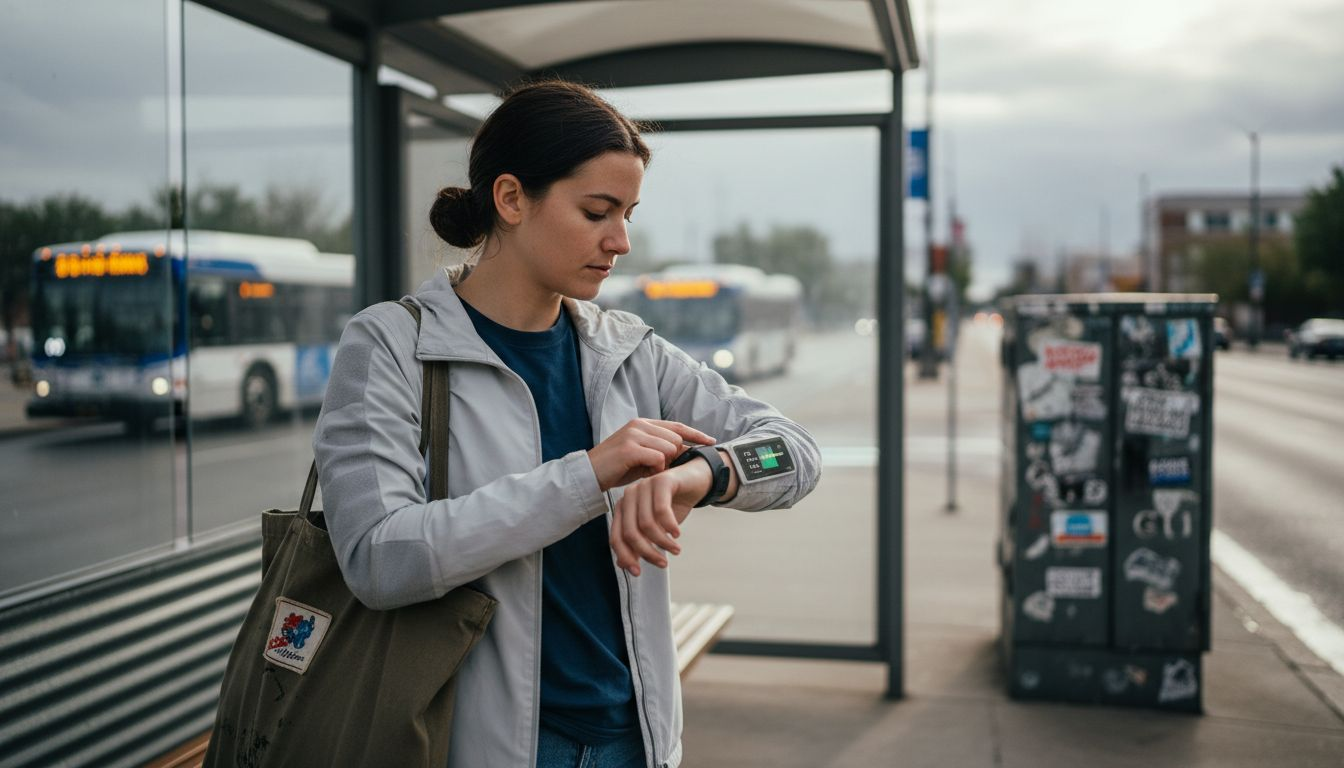 Woman in smart textile jacket at city bus stop