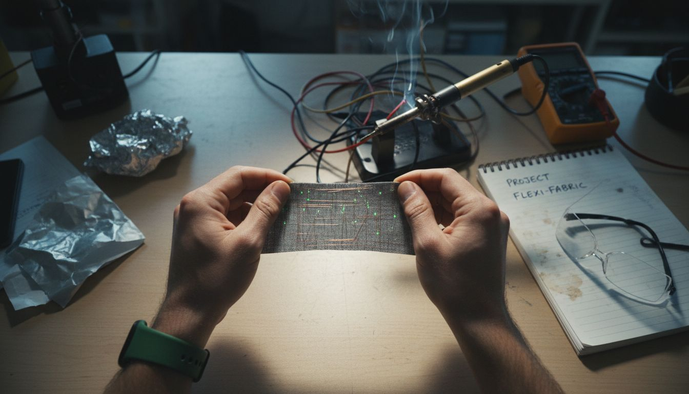 Hands examine smart textile sample in lab